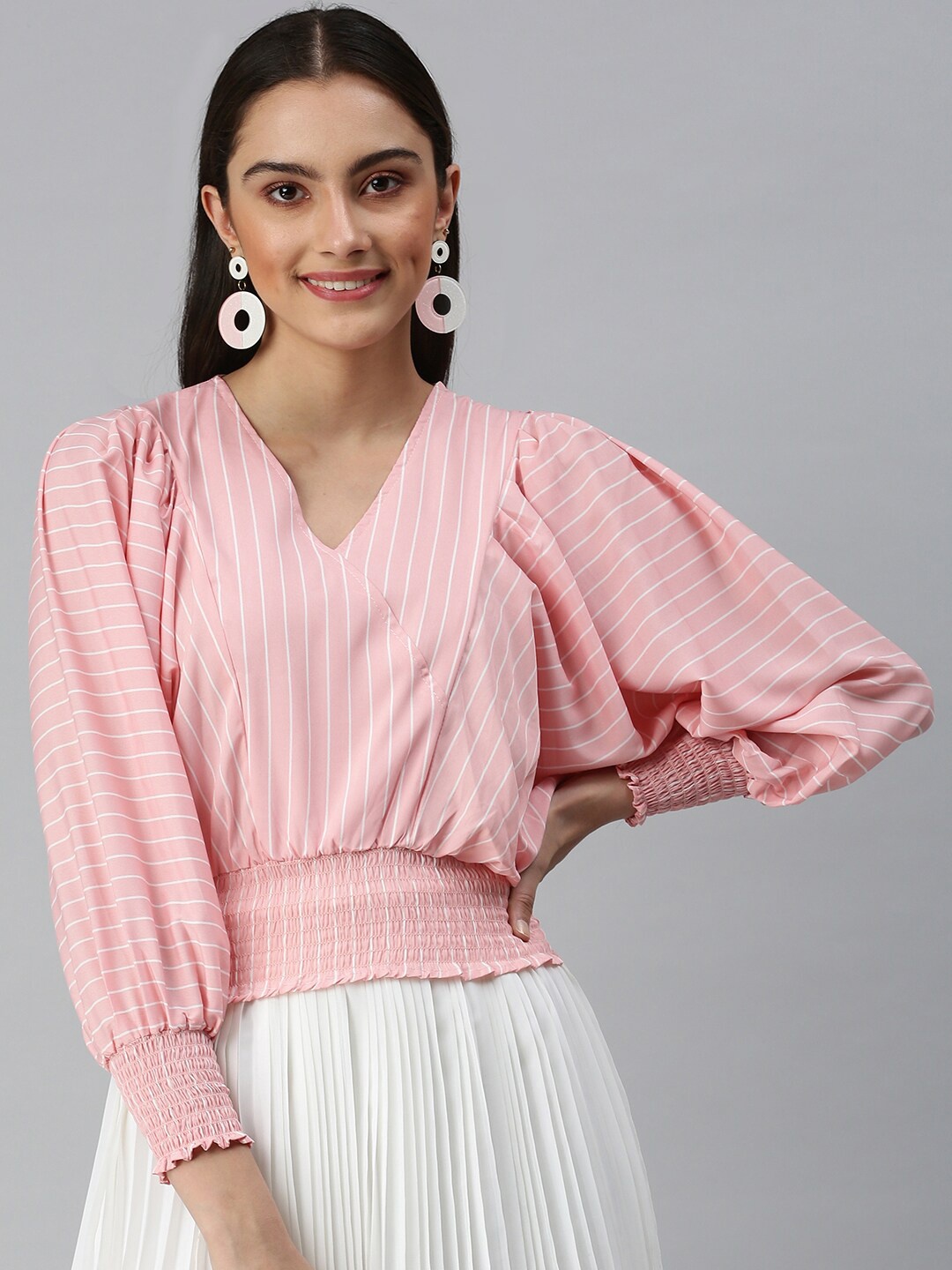 

SHOWOFF Striped V-Neck Batwing Sleeve Blouson Top, Peach