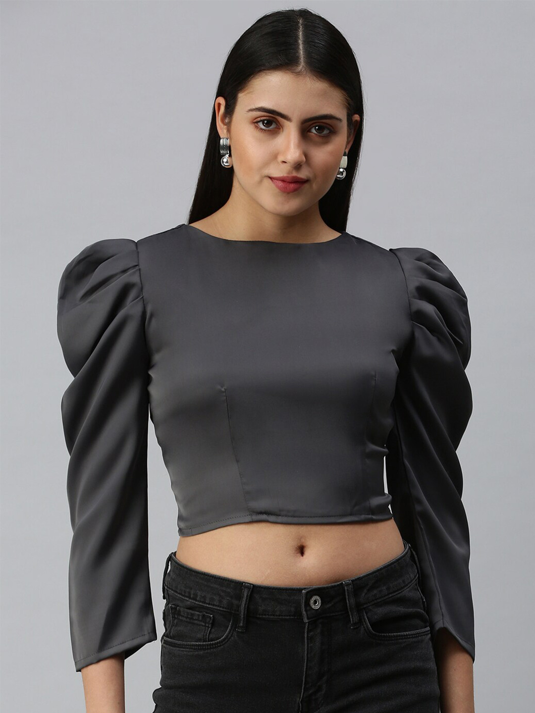 

SHOWOFF Round Neck Three-Quarter Puff Sleeves Crop Top, Grey