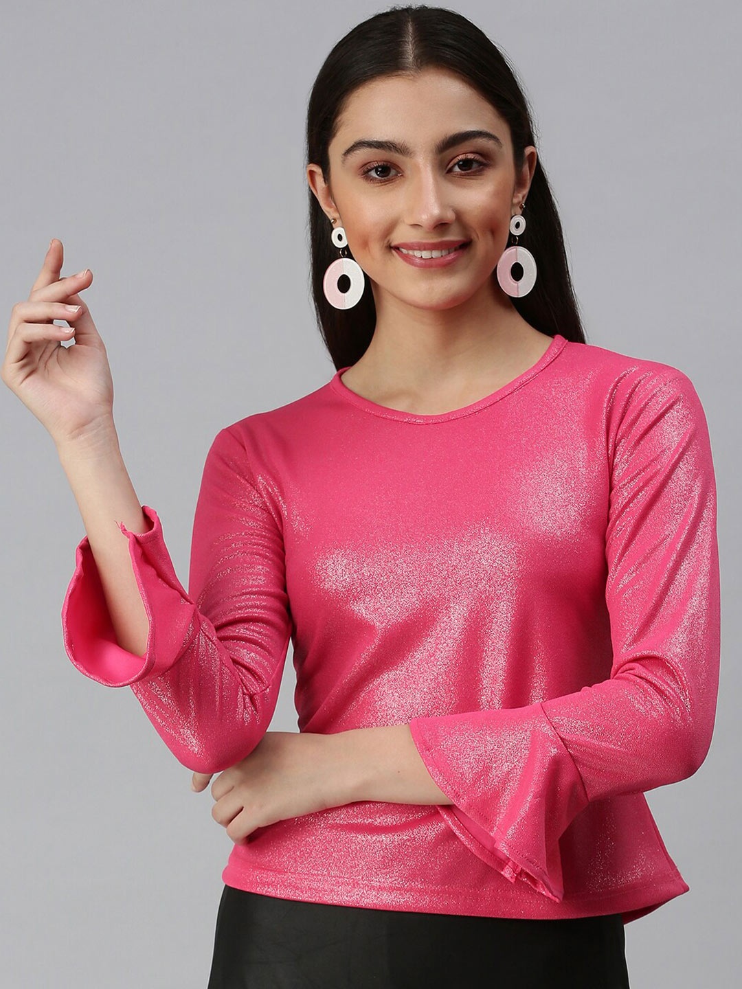 

SHOWOFF Round Neck Bell Sleeves Top, Pink