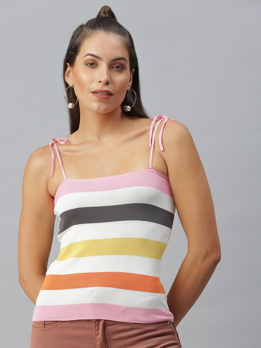 

SHOWOFF Striped Shoulder Straps Fitted Top, White