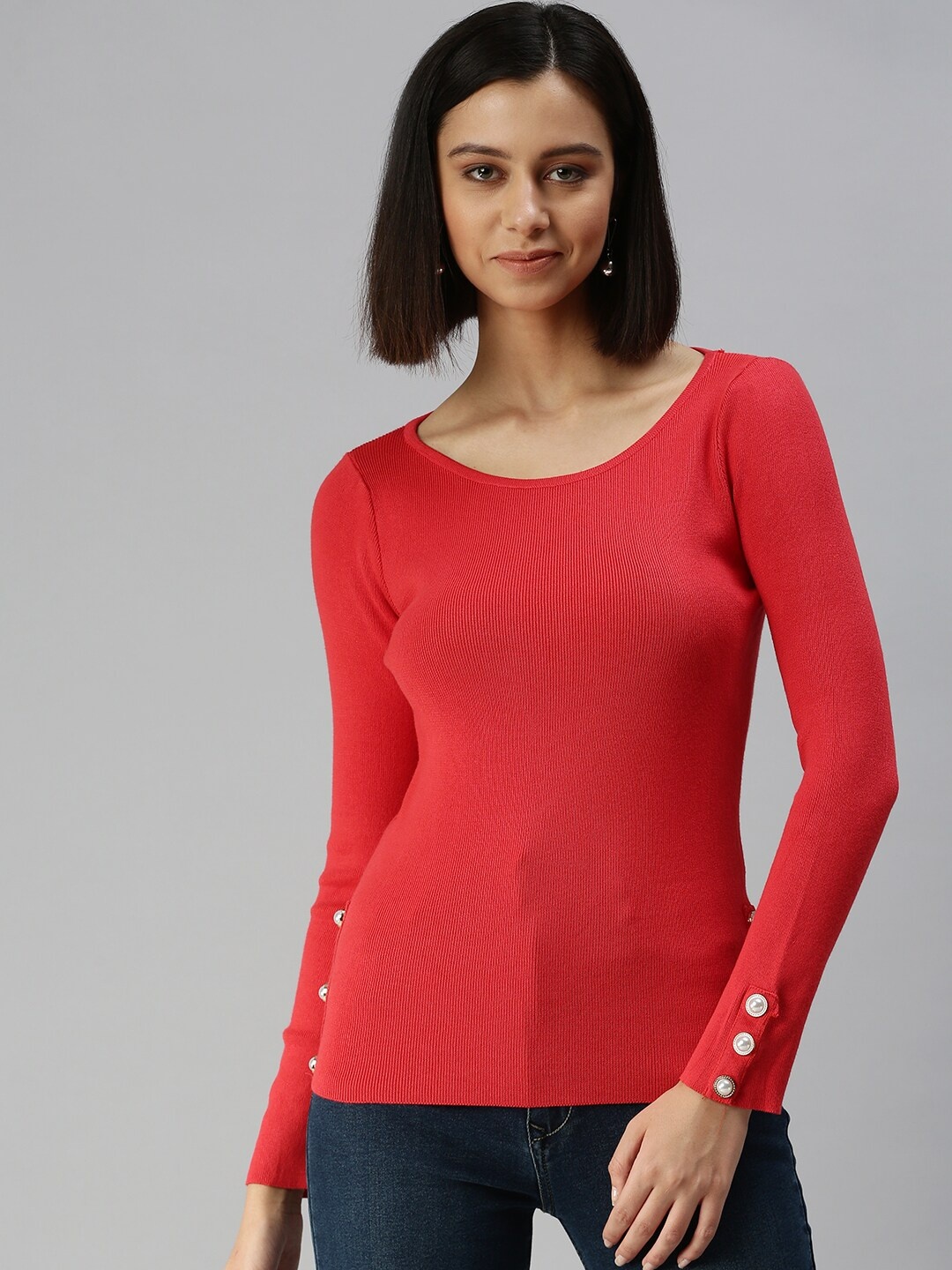 

SHOWOFF Round Neck Long Sleeves Top, Red