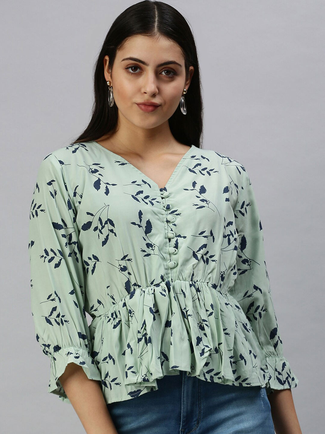

SHOWOFF Floral Printed V-Neck Puff Sleeves Peplum Top, Green