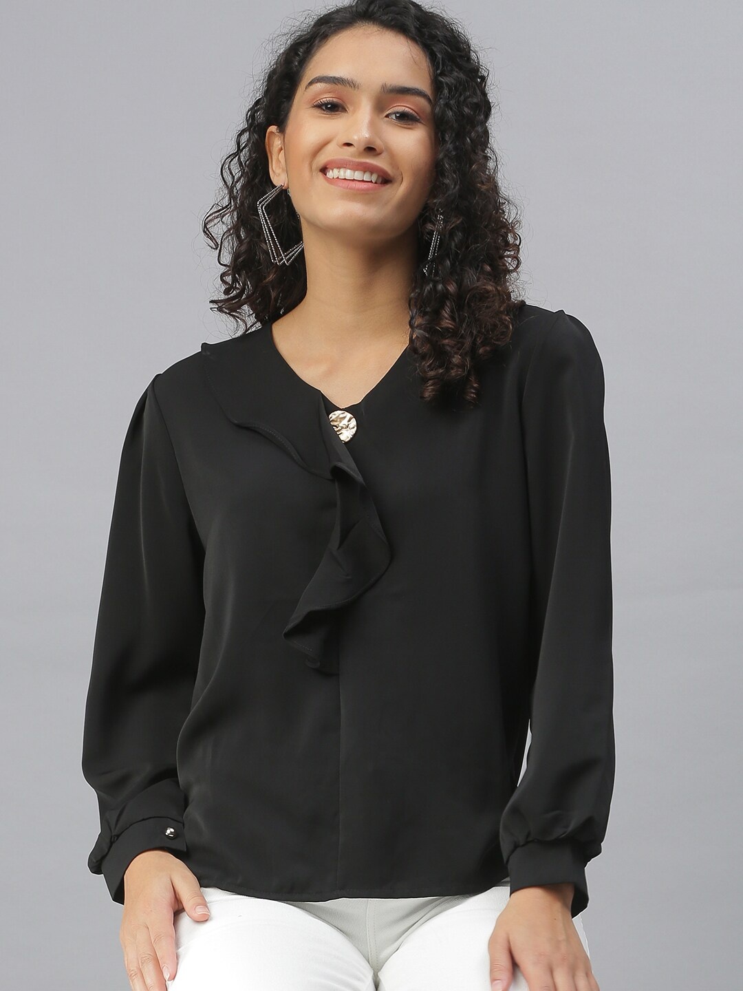 

SHOWOFF V-Neck Puff Sleeves Ruffles Regular Top, Black