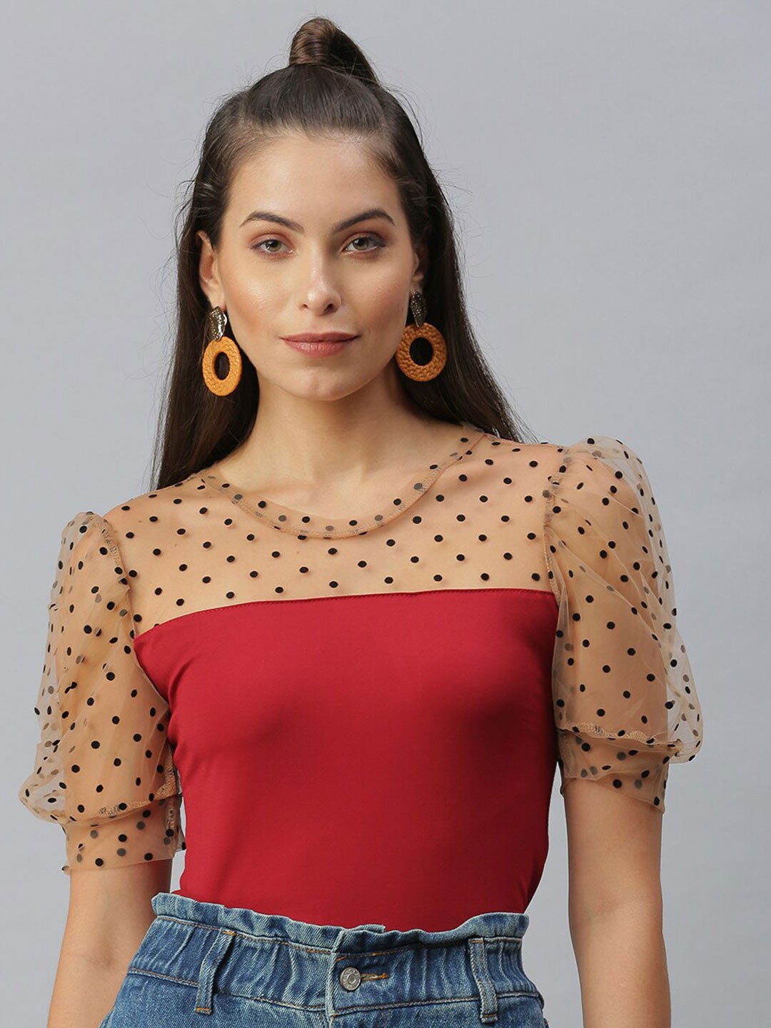 

SHOWOFF Round Neck Puff Sleeve Crop Top, Maroon