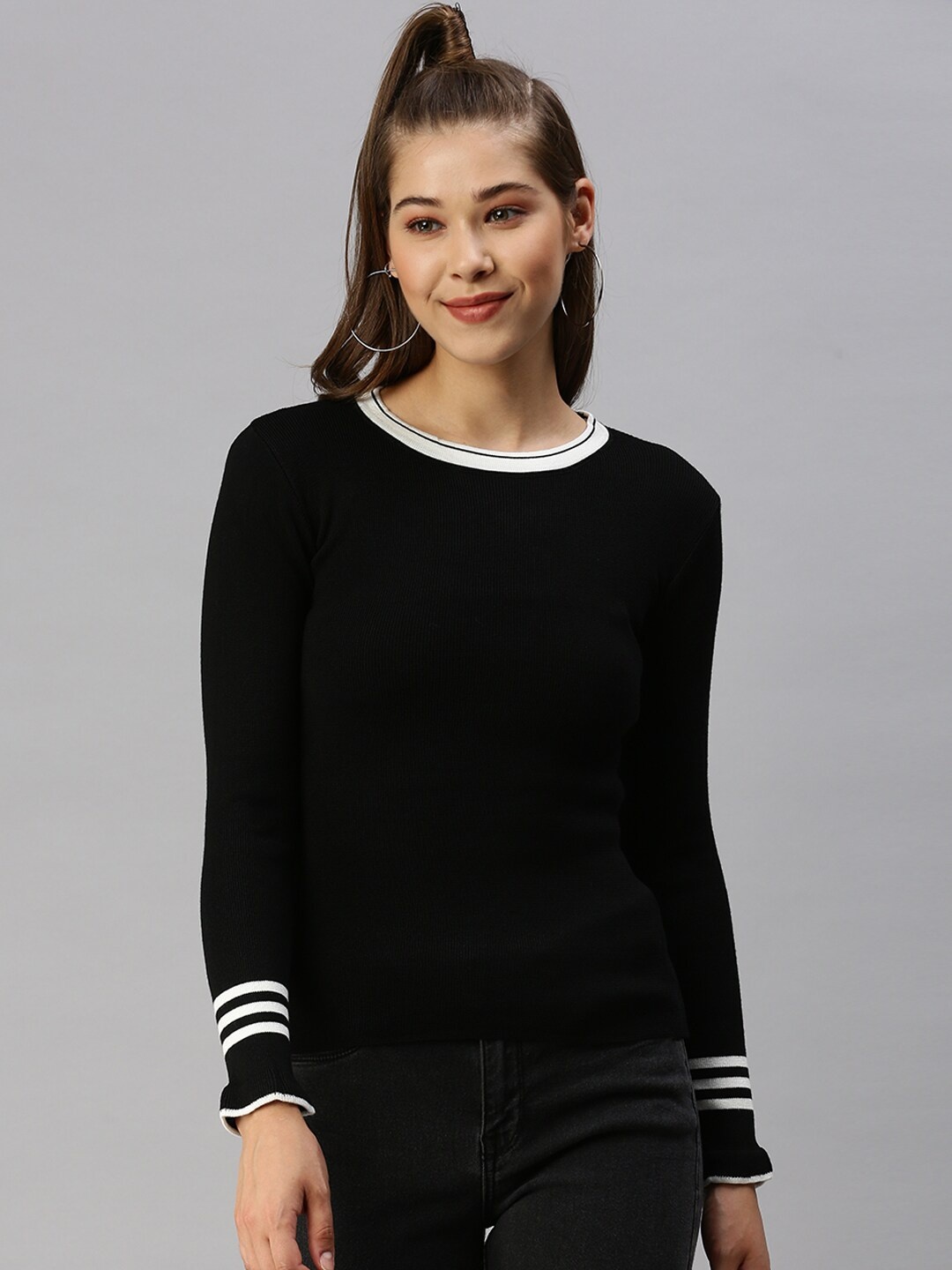 

SHOWOFF Round Neck Ribbed Fitted Top, Black