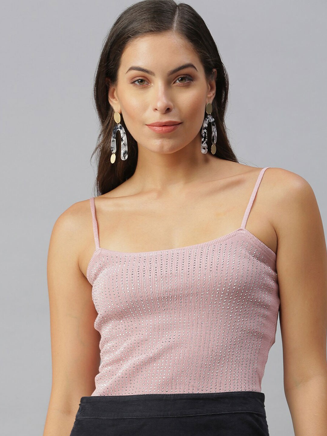 

SHOWOFF Shoulder Straps Embellished Georgette Fitted Top, Mauve