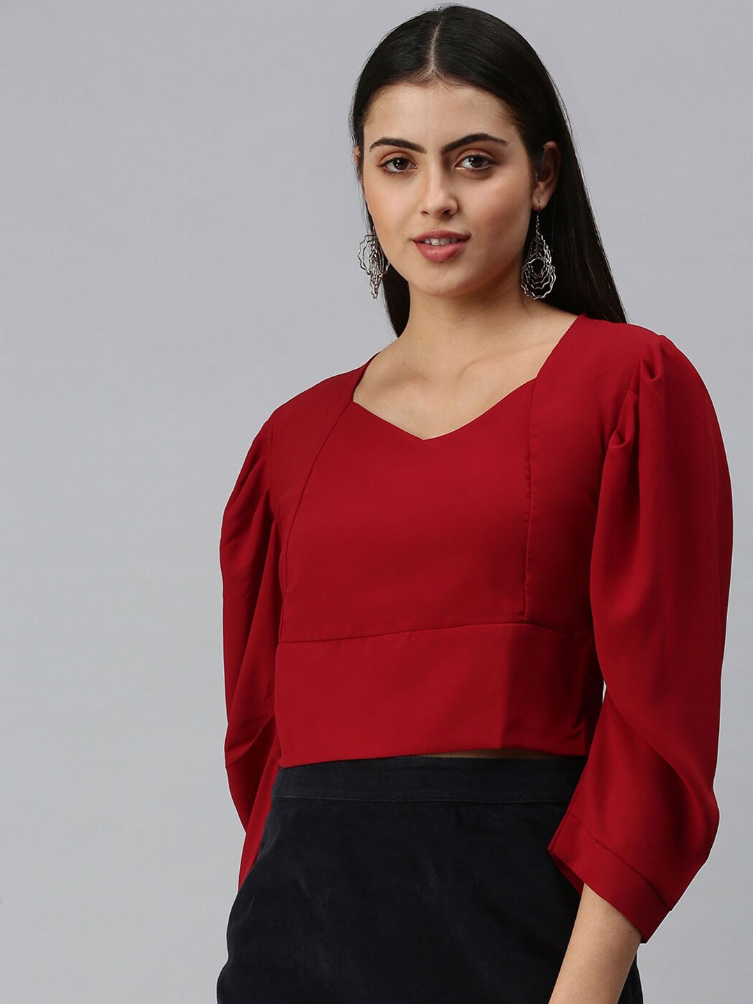 

SHOWOFF Sweetheart Puff Sleeve Crepe Crop Top, Maroon