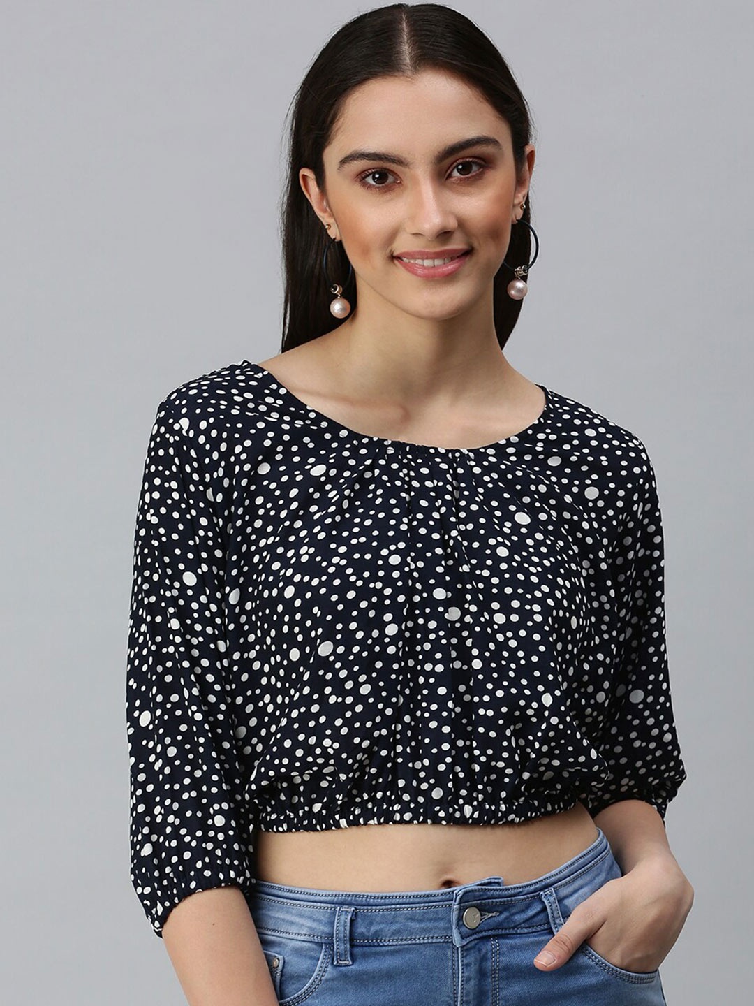 

SHOWOFF Polka Dot Print Puff Sleeve Georgette Crop Styled Back Top, Navy blue