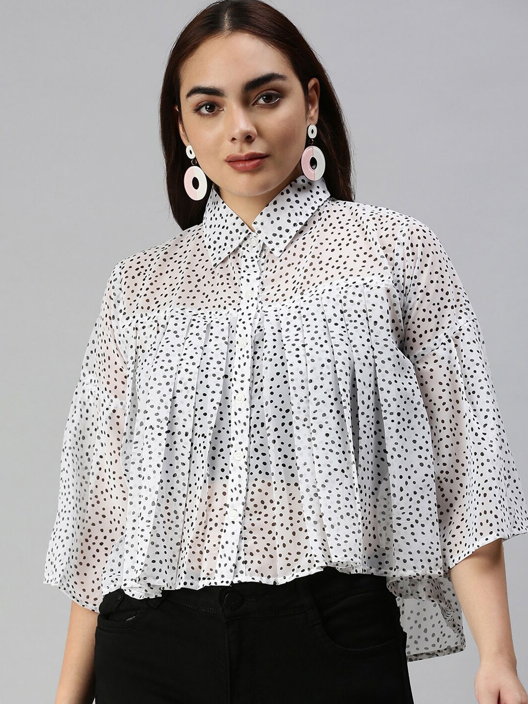 

SHOWOFF Print Shirt Collar Flared Sleeve Georgette Shirt Style Top, White