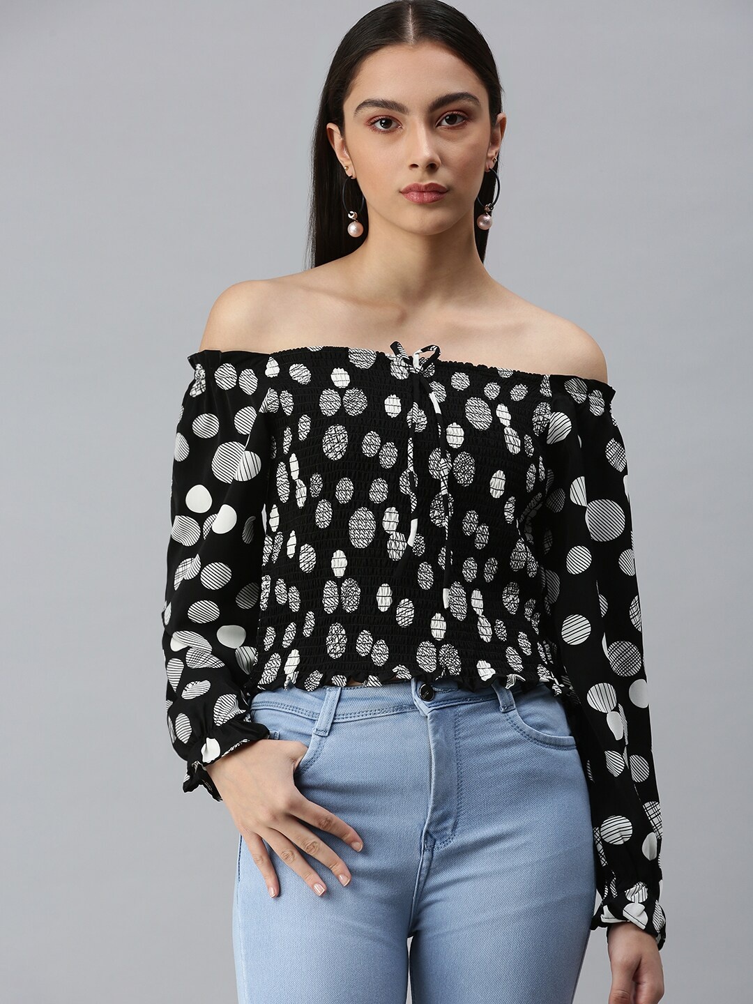 

SHOWOFF Black Polka Dot Print Off-Shoulder Monochrome Crepe Bardot Top