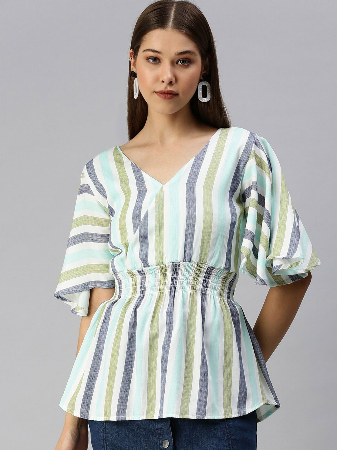 

SHOWOFF Candy Striped Cinched Waist Top, Sea green