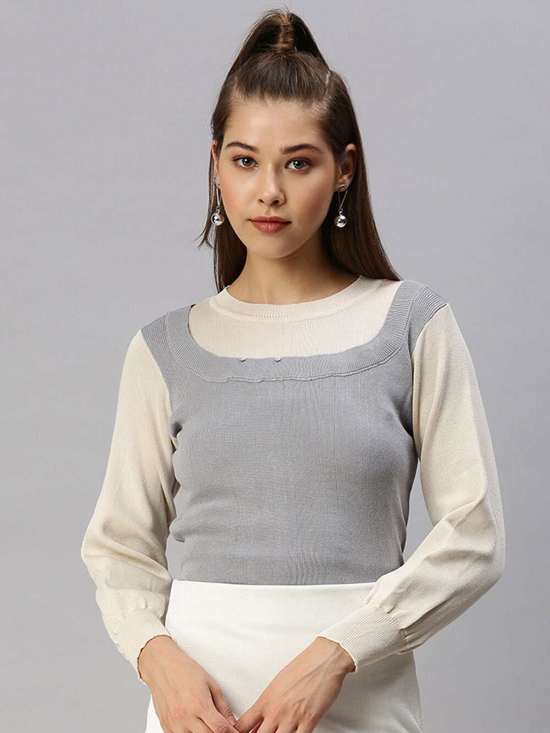

SHOWOFF Colourblocked Round Neck Long Sleeves Knitted Top, Grey