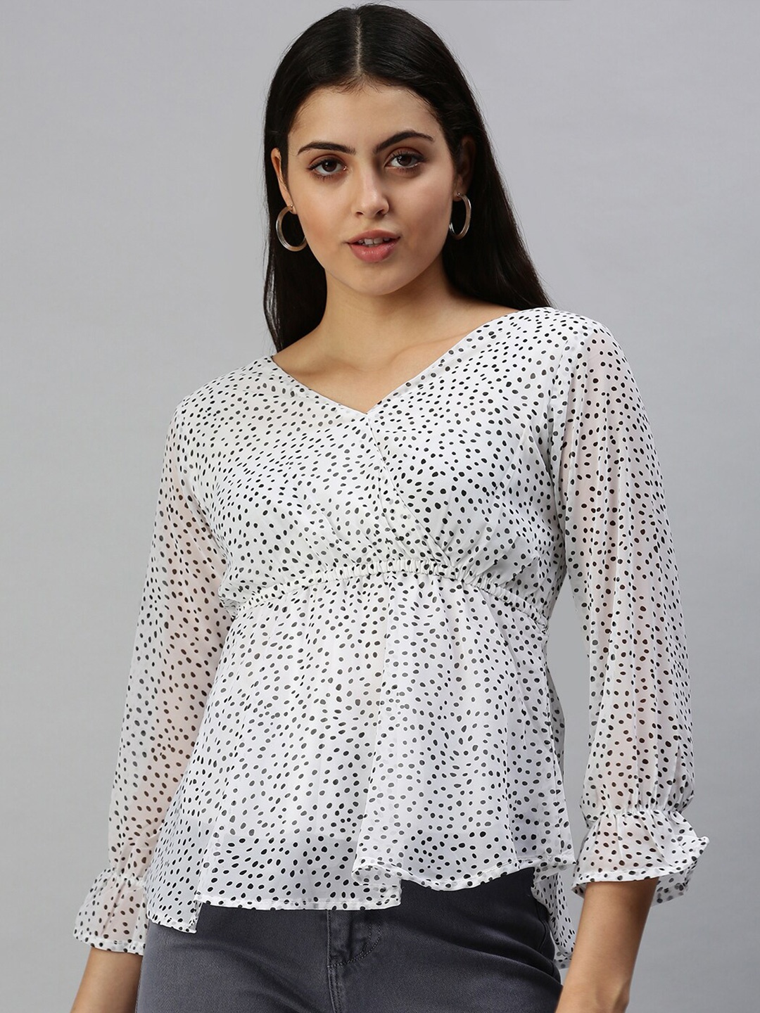 

SHOWOFF Polka Dot Printed Bell Sleeve Monochrome Chiffon Empire Top, White