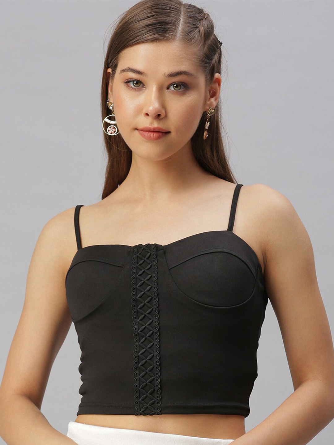 

SHOWOFF Shoulder Straps Lace-Up Fitted Crop Top, Black