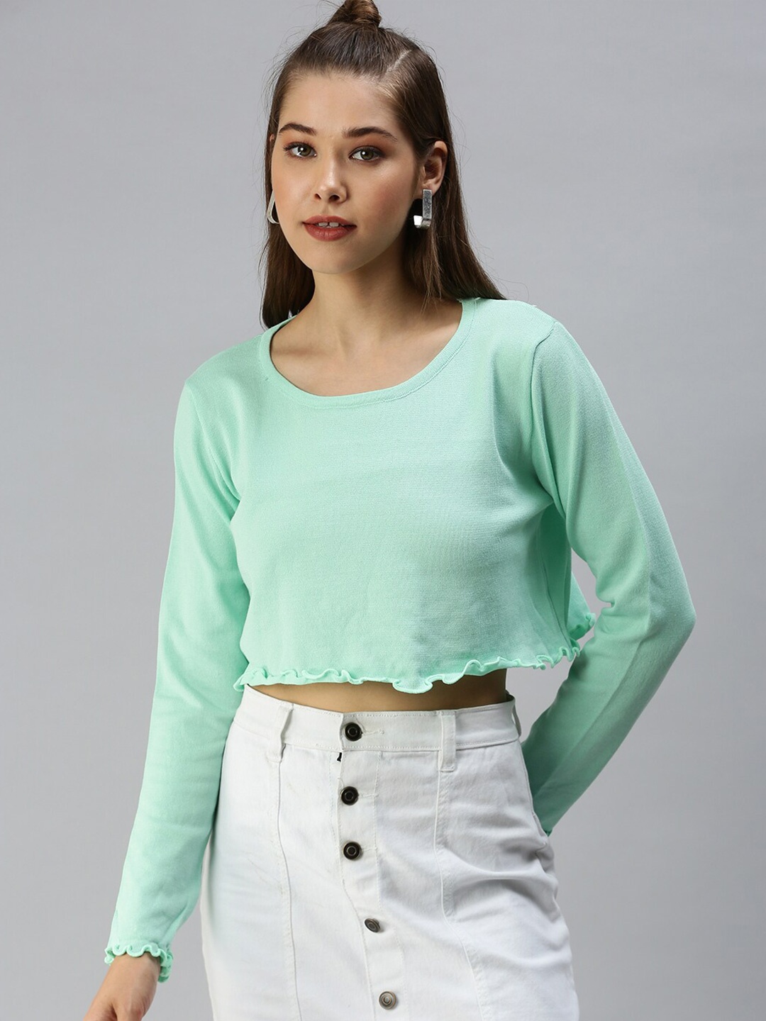 

SHOWOFF Knitted Georgette Crop Top, Green