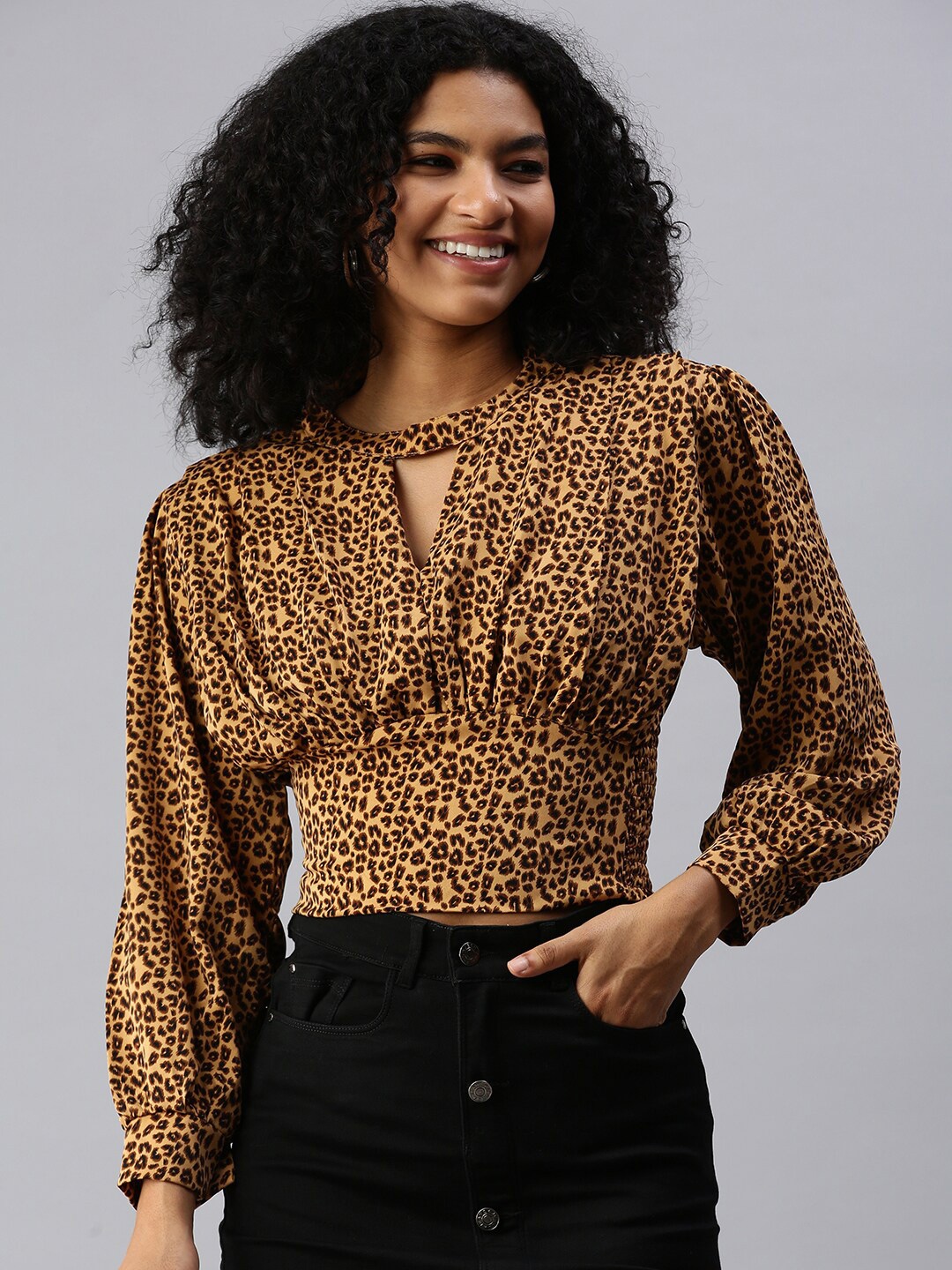 

SHOWOFF Animal Printed Gathered Smocked Crepe Cinched Waist Top, Brown