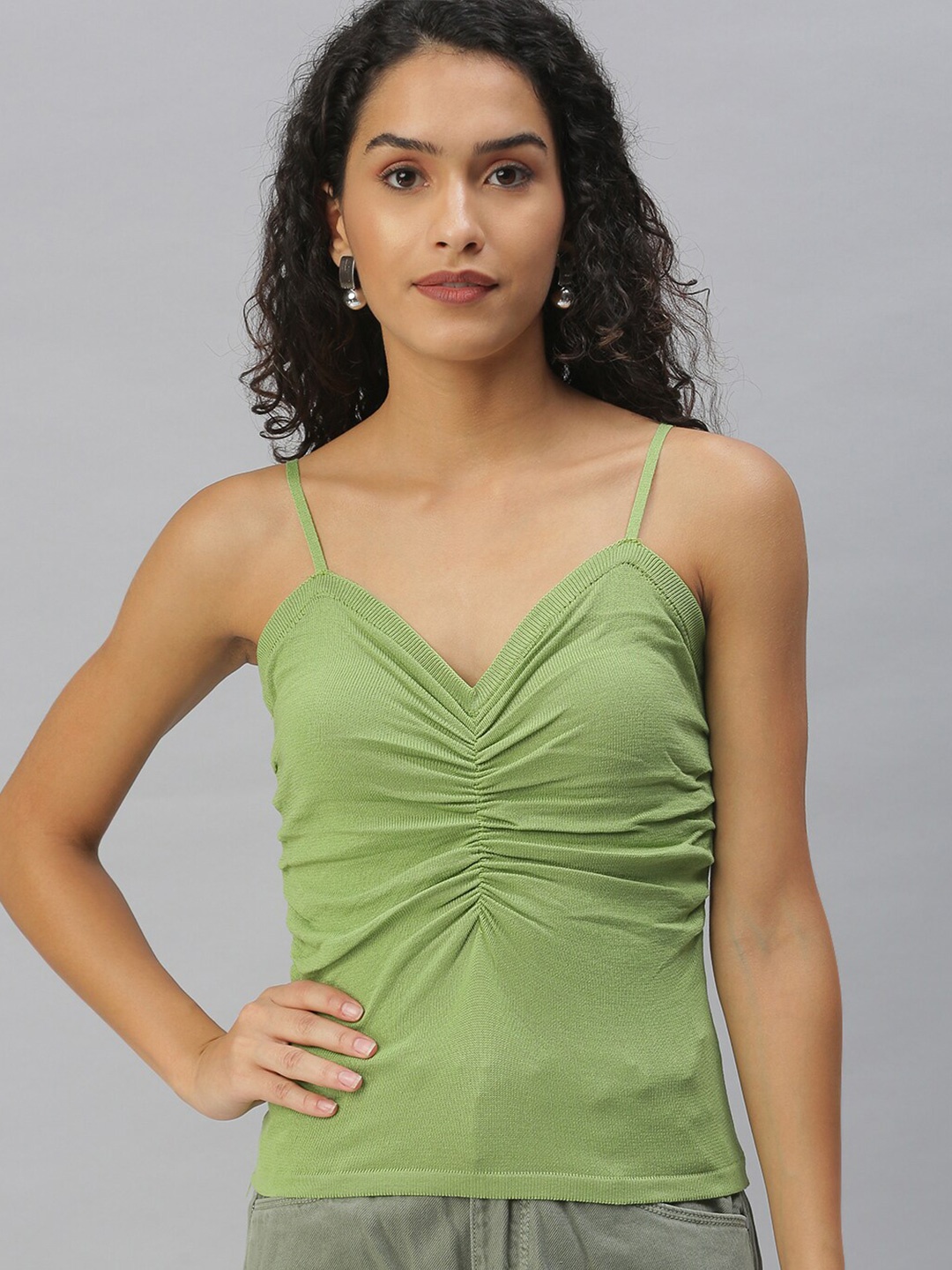 

SHOWOFF Shoulder Straps Gathered Fitted Top, Green