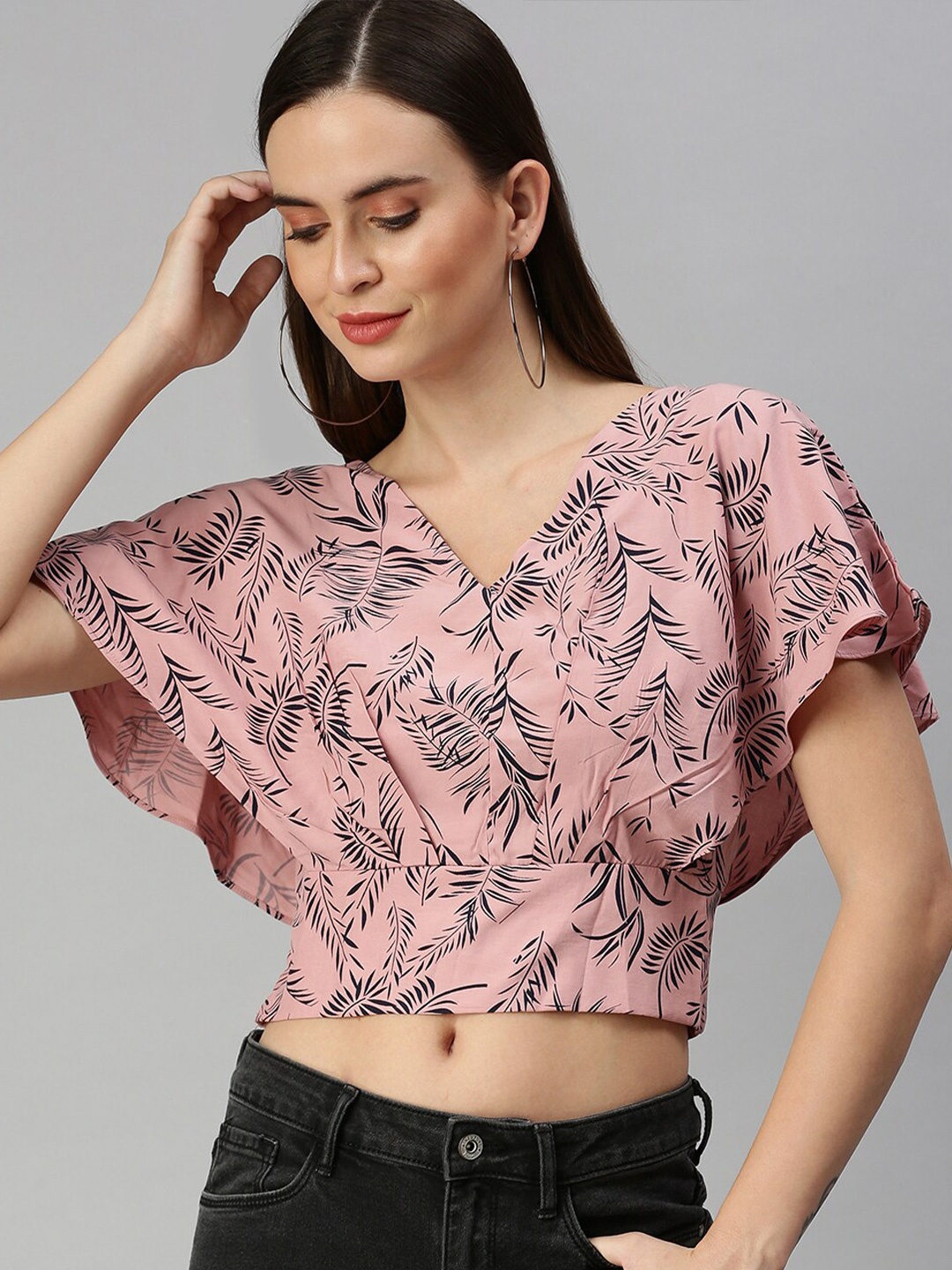 

SHOWOFF Printed Flared Sleeves Regular Crop Top, Mauve