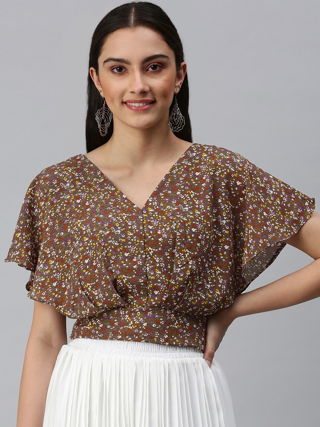 

SHOWOFF Floral Printed Flared Sleeves Regular Crop Top, Brown