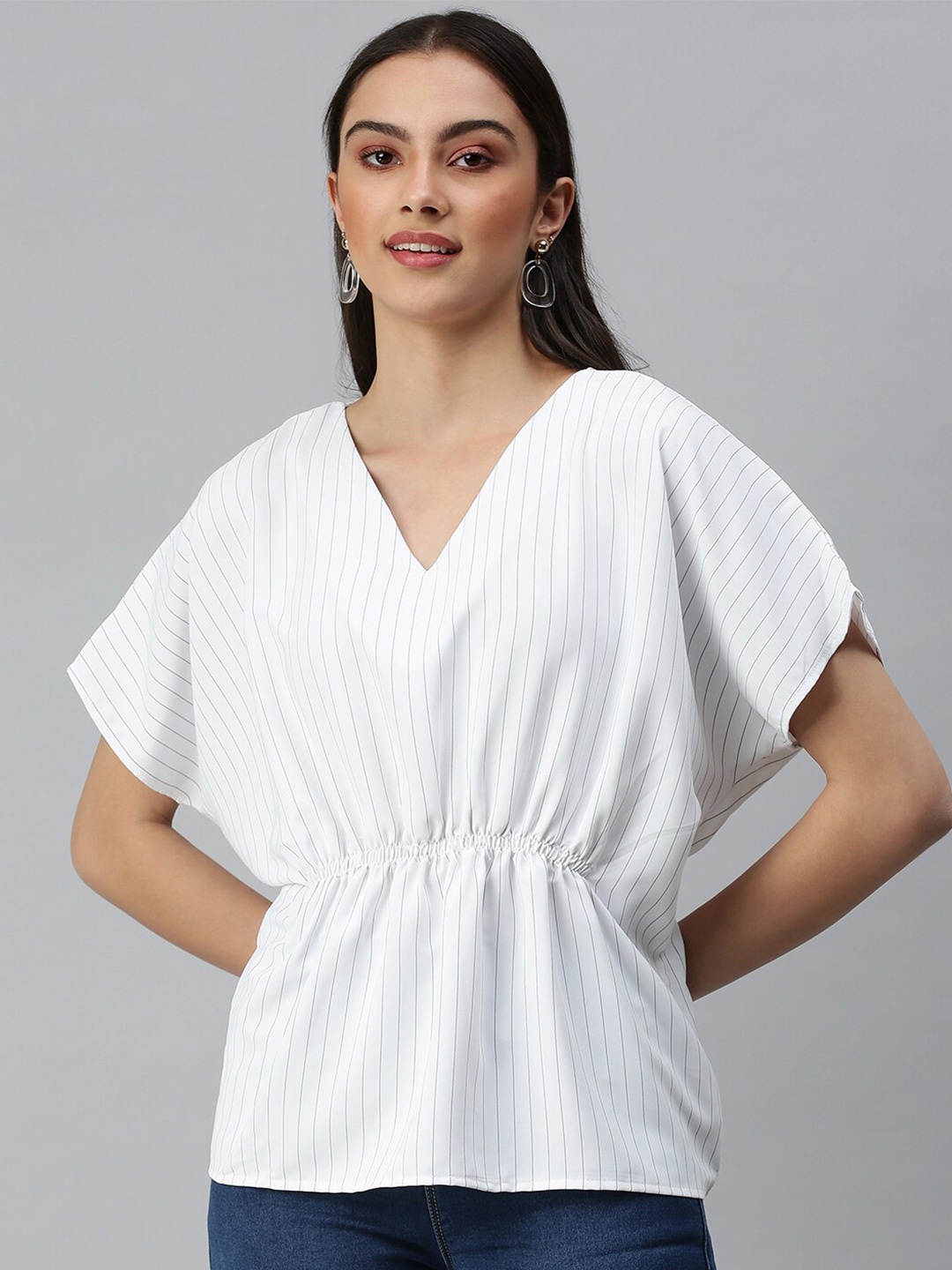 

SHOWOFF Extended Sleeves Gathered Cinched Waist Top, White