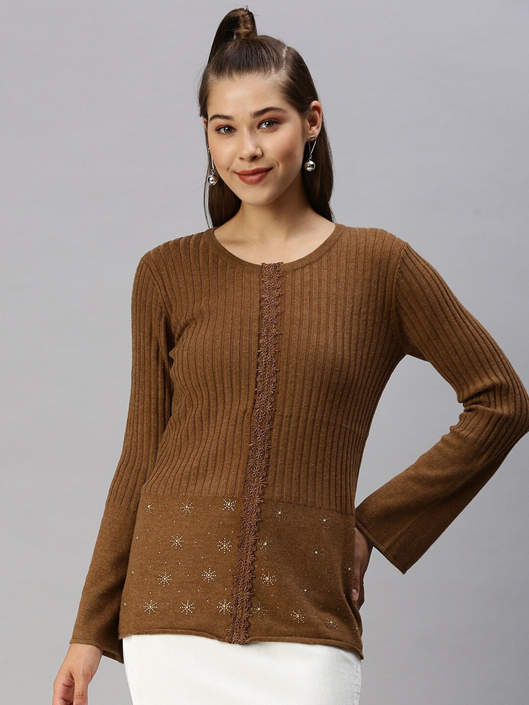 

SHOWOFF Striped Lace Insert Embellished Sweater, Camel brown