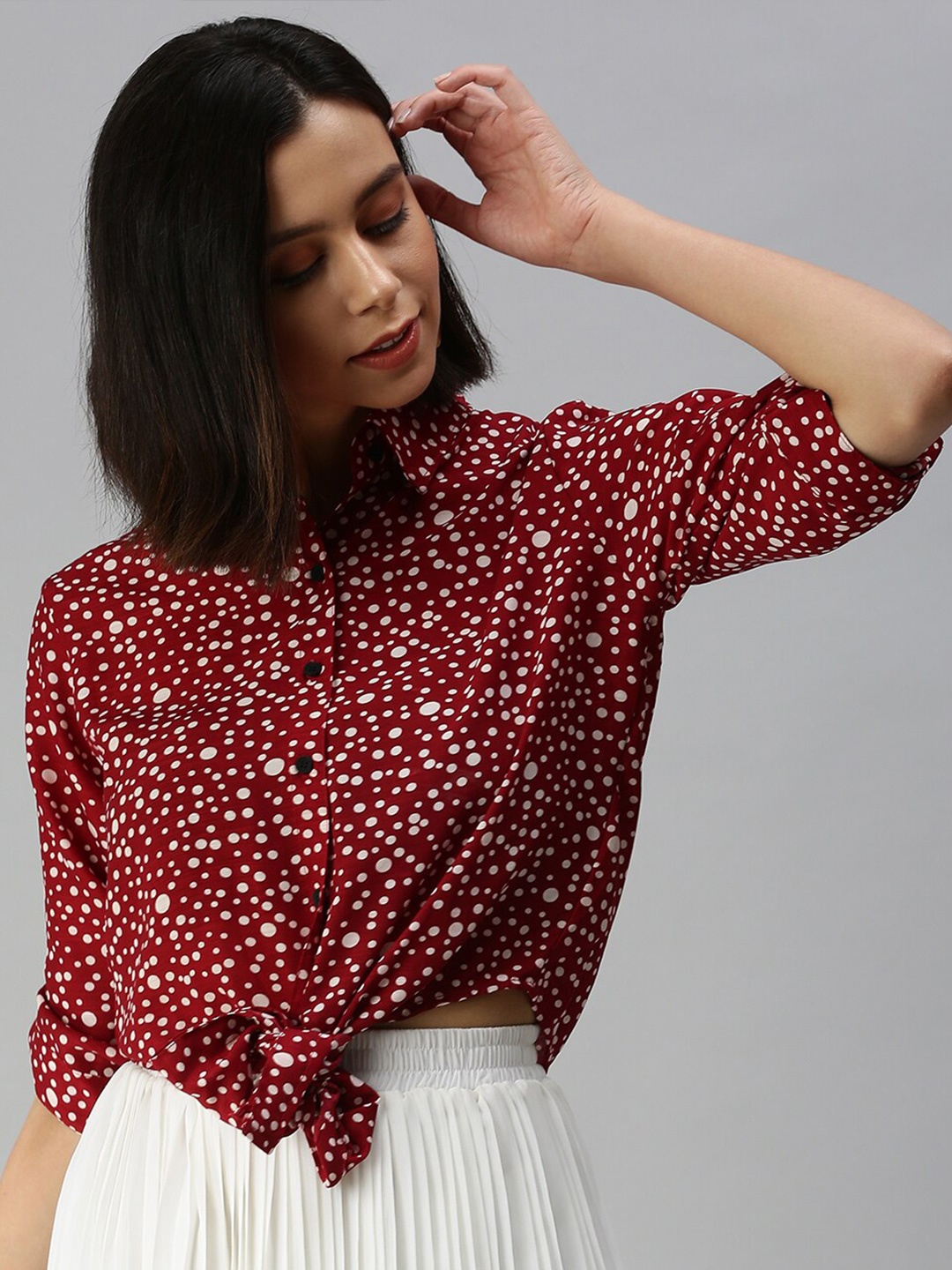 

SHOWOFF Polka Dot Printed Roll-Up Sleeves Casual Shirt, Red