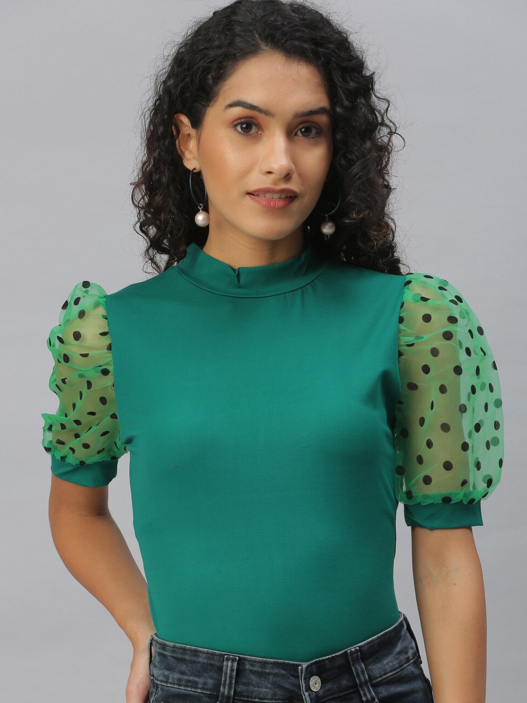 

SHOWOFF Puff Sleeve High Neck Fitted Top, Green