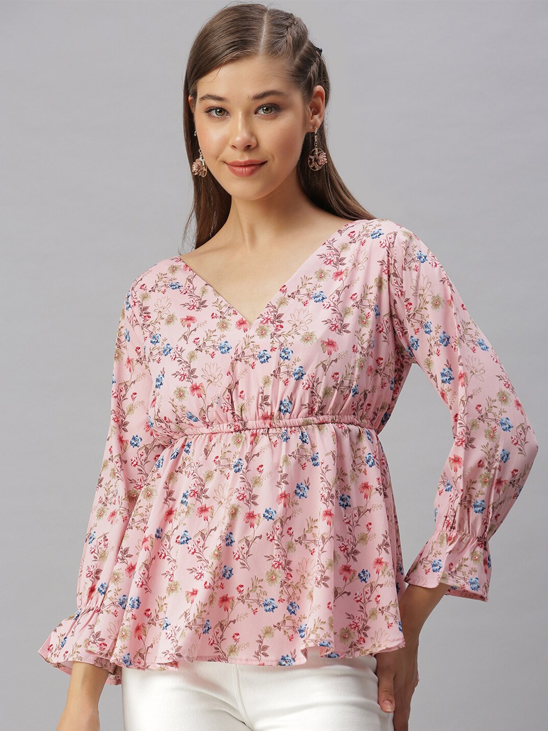 

SHOWOFF Floral Print Cuffed Sleeves Georgette Cinched Waist Top, Pink