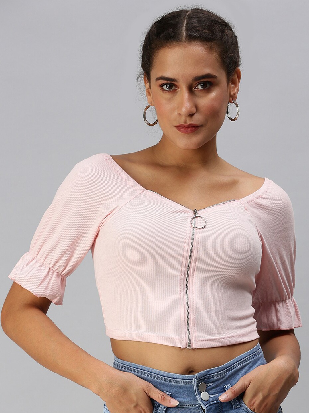 

SHOWOFF Raglan Sleeves Acrylic Crop Top, Pink