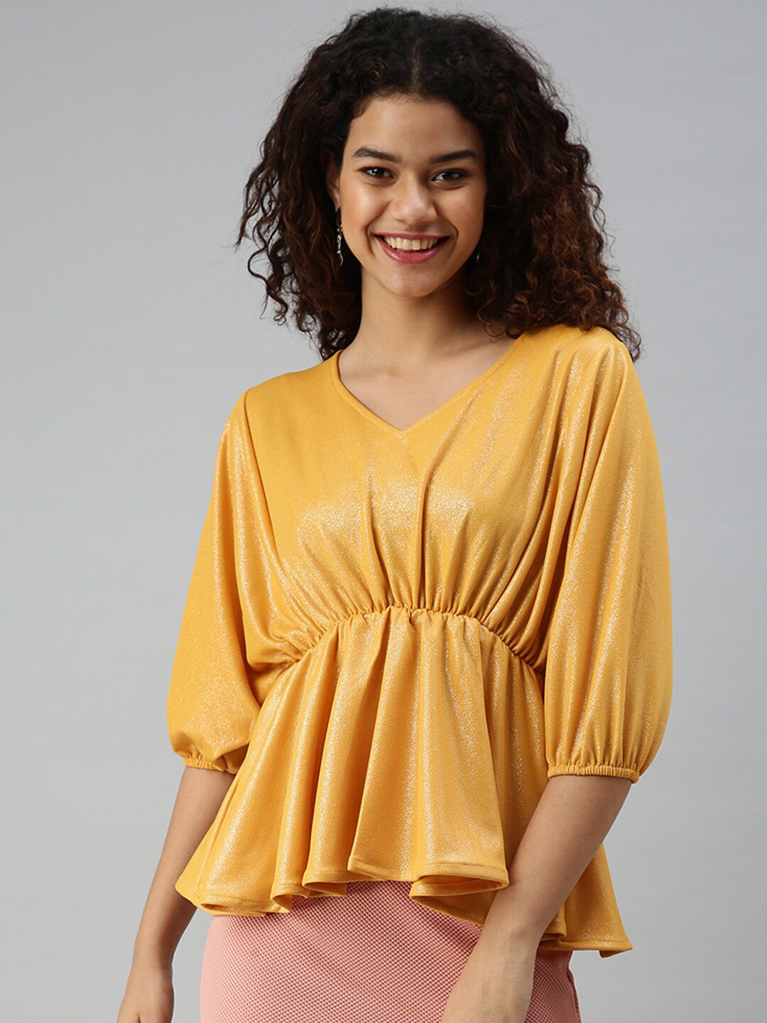 

SHOWOFF Batwing Sleeves V- neck Empire Top, Mustard