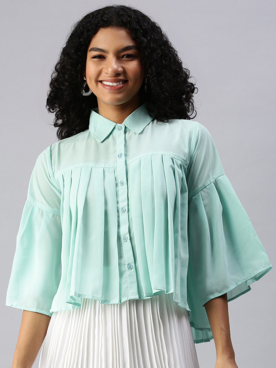

SHOWOFF Flared Sleeves Pleated Detail Shirt Style Top, Sea green