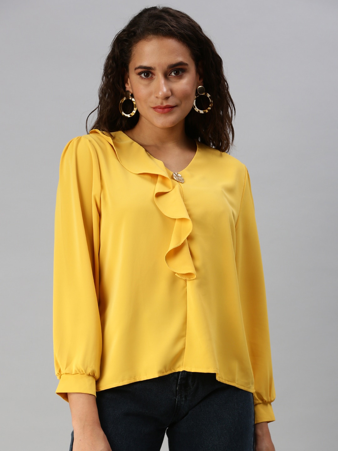 

SHOWOFF V-Neck Cuffed Long Sleeves Ruffles Top, Yellow