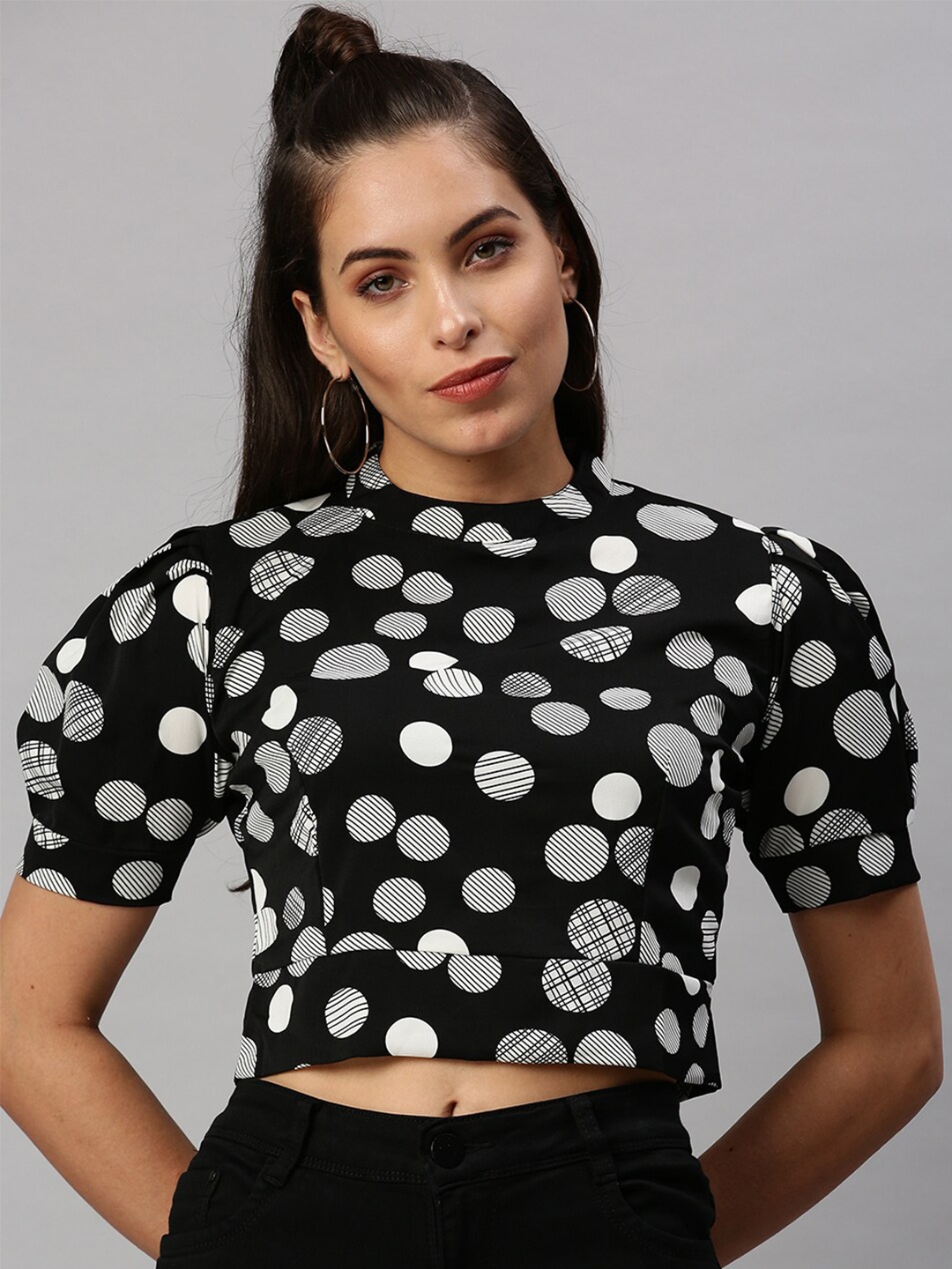 

SHOWOFF Geometric Printed High Neck Puff Sleeves Crop Top, Black