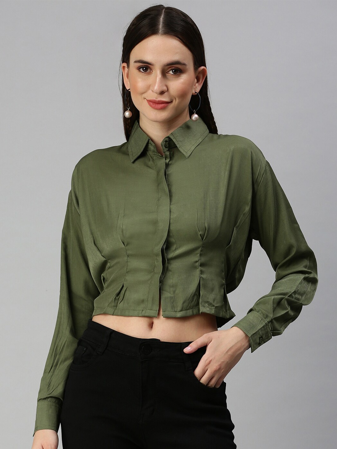 

SHOWOFF Cuffed Sleeves Pleated Shirt Style Crop Top, Olive