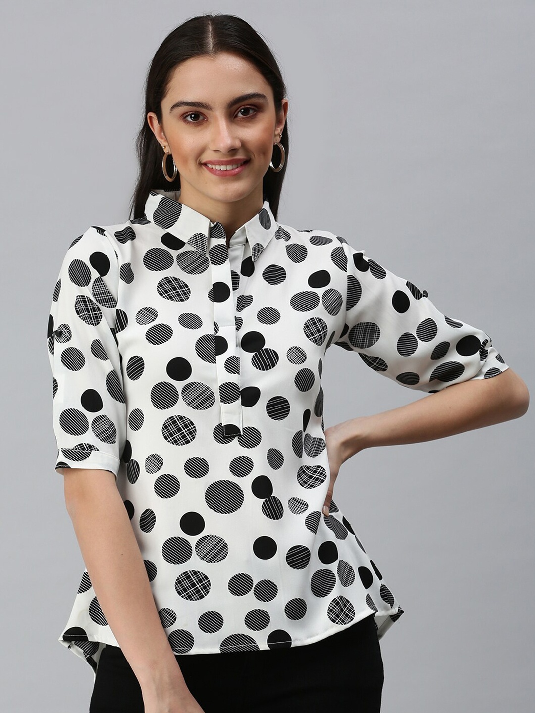 

SHOWOFF Polka Dots Printed Shirt Style Crepe Top, White