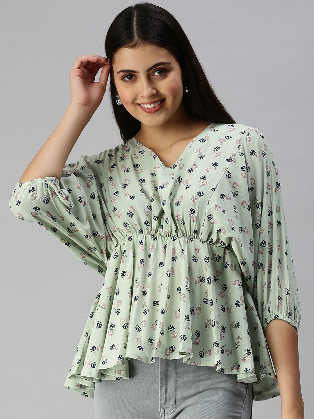 

SHOWOFF Floral Print Puff Sleeves Crepe Empire Top, Green