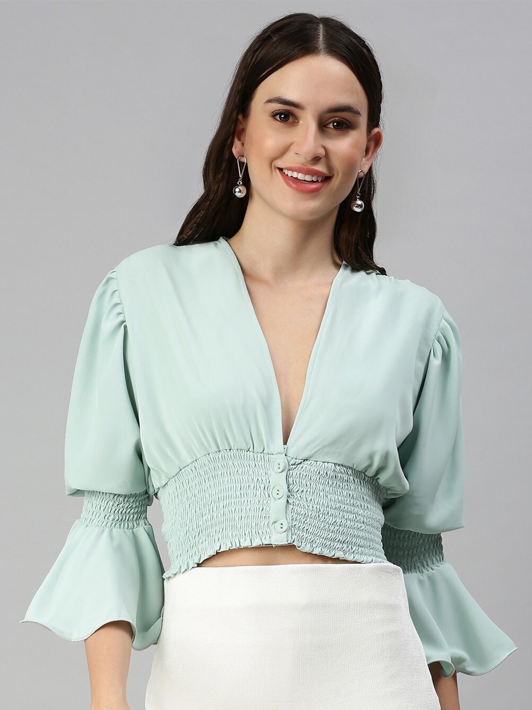 

SHOWOFF Bell Sleeves Smocked Crepe Crop Top, Sea green