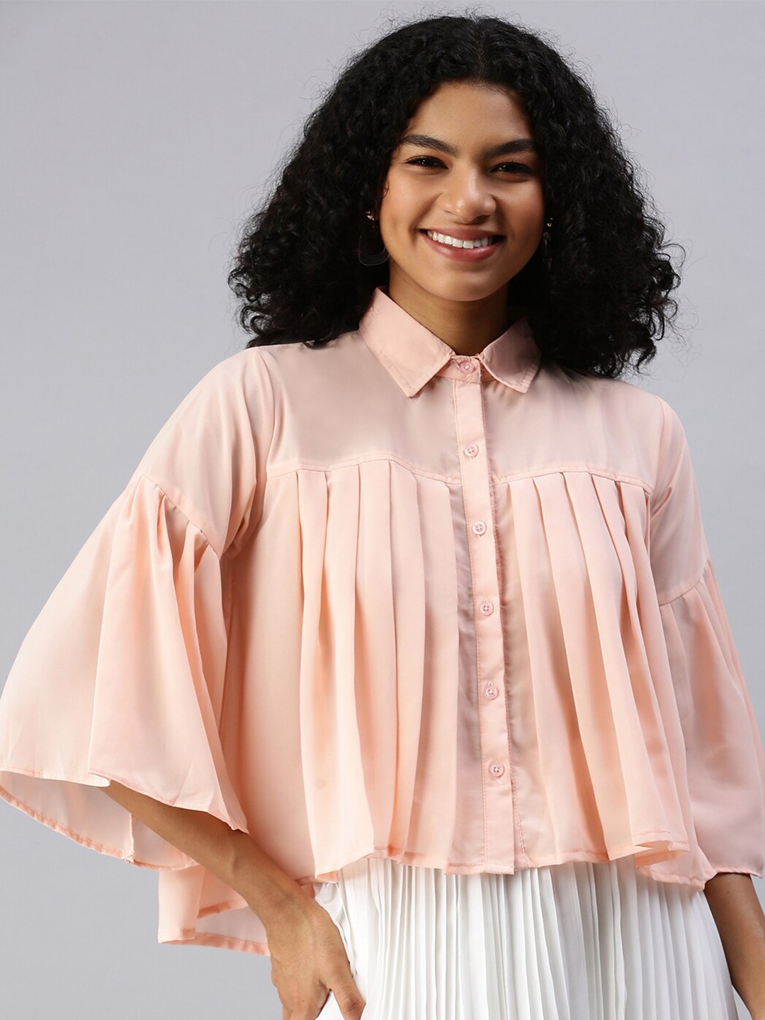 

SHOWOFF Flared Sleeves Shirt Style Pleated A-Line Top, Peach
