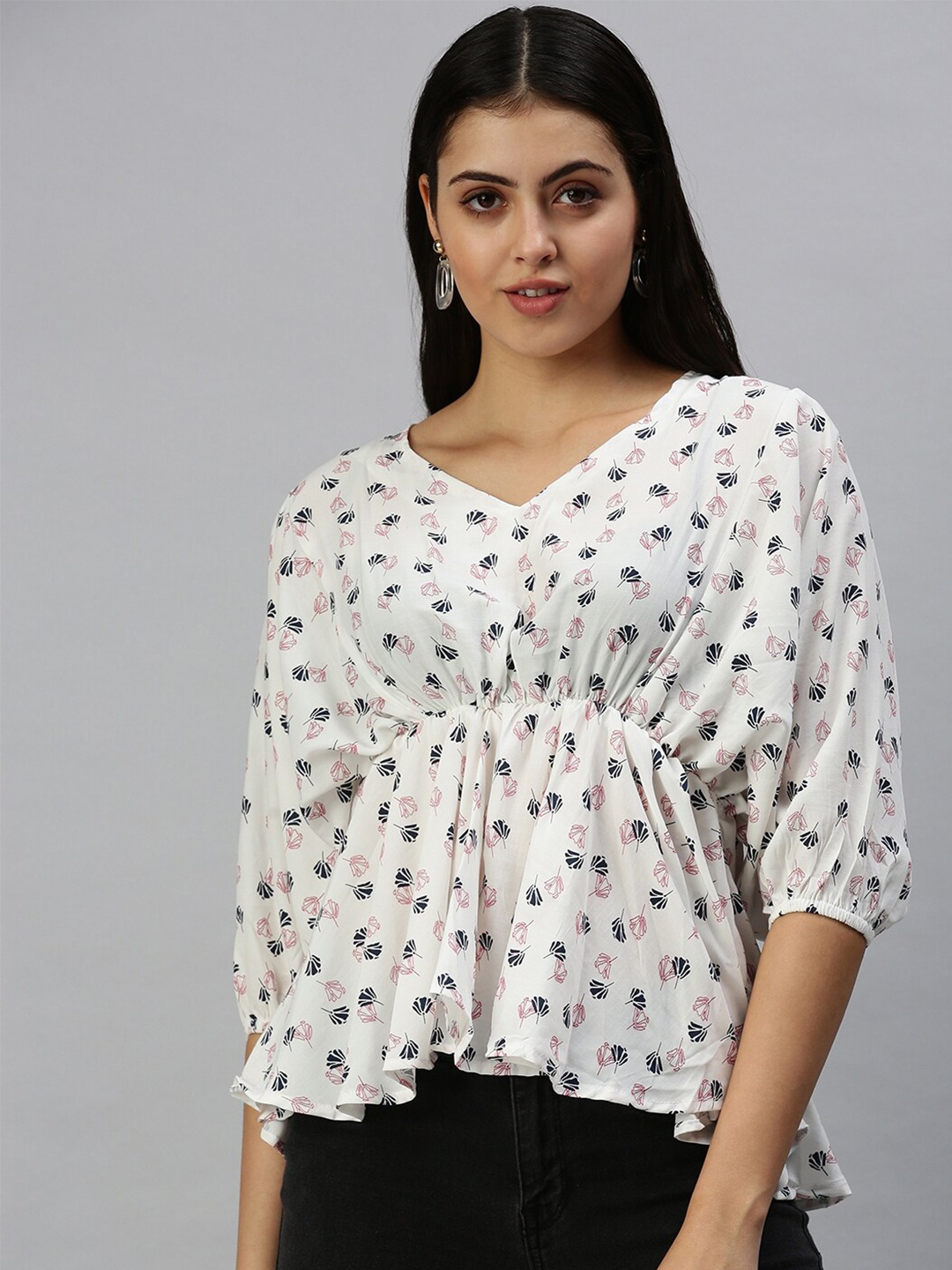 

SHOWOFF Floral Printed Puff Sleeves Crepe Empire Top, White