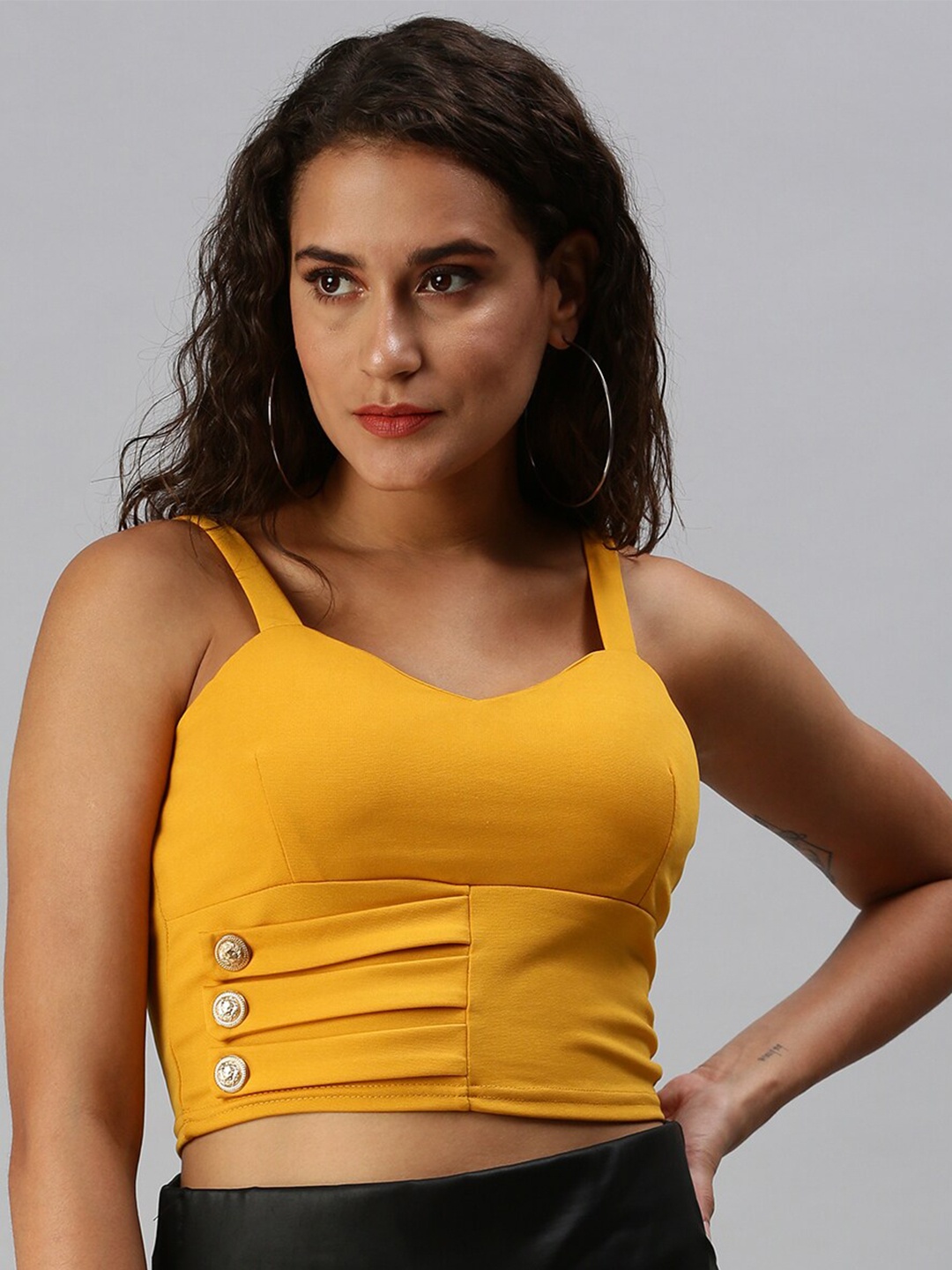 

SHOWOFF Sweetheart Neck Shoulder Straps Fitted Crop Top, Mustard