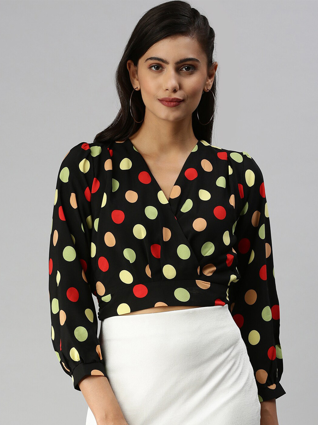 

SHOWOFF Polka Dot Printed V-Neck Puff Sleeves Wrap Top, Black