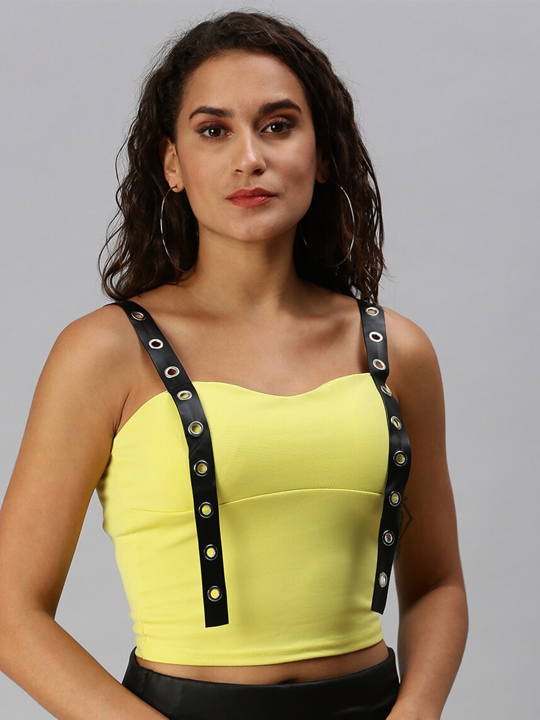 

SHOWOFF Sweetheart Neck Shoulder Straps Fitted Crop Top, Yellow