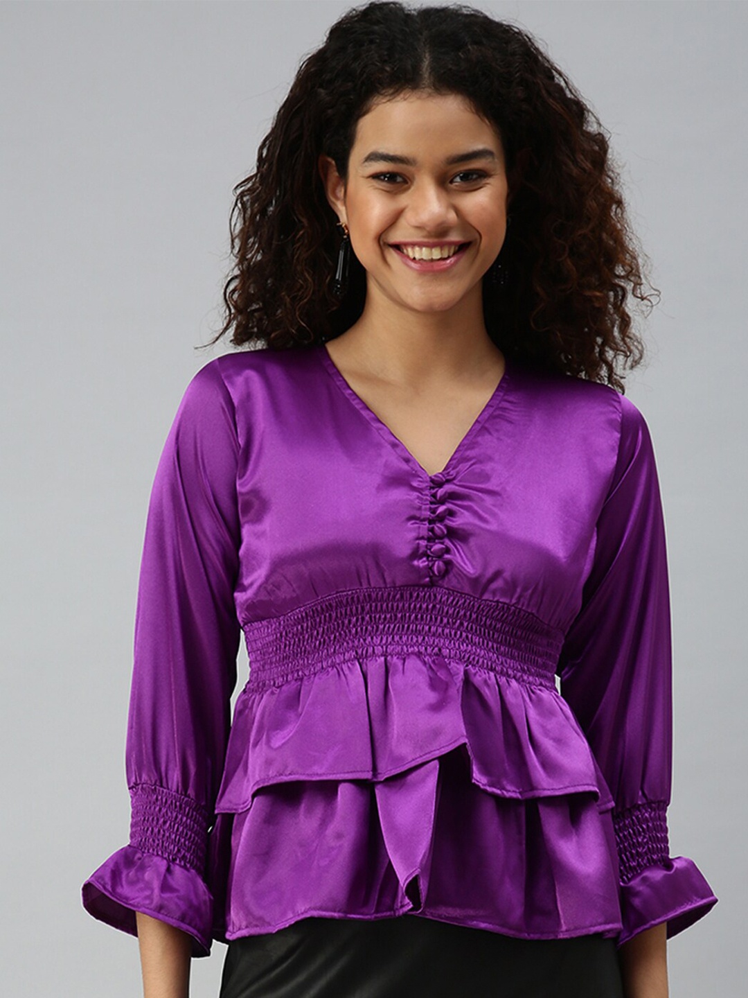 

SHOWOFF Smocked V-neck Cinched Waist Top, Violet