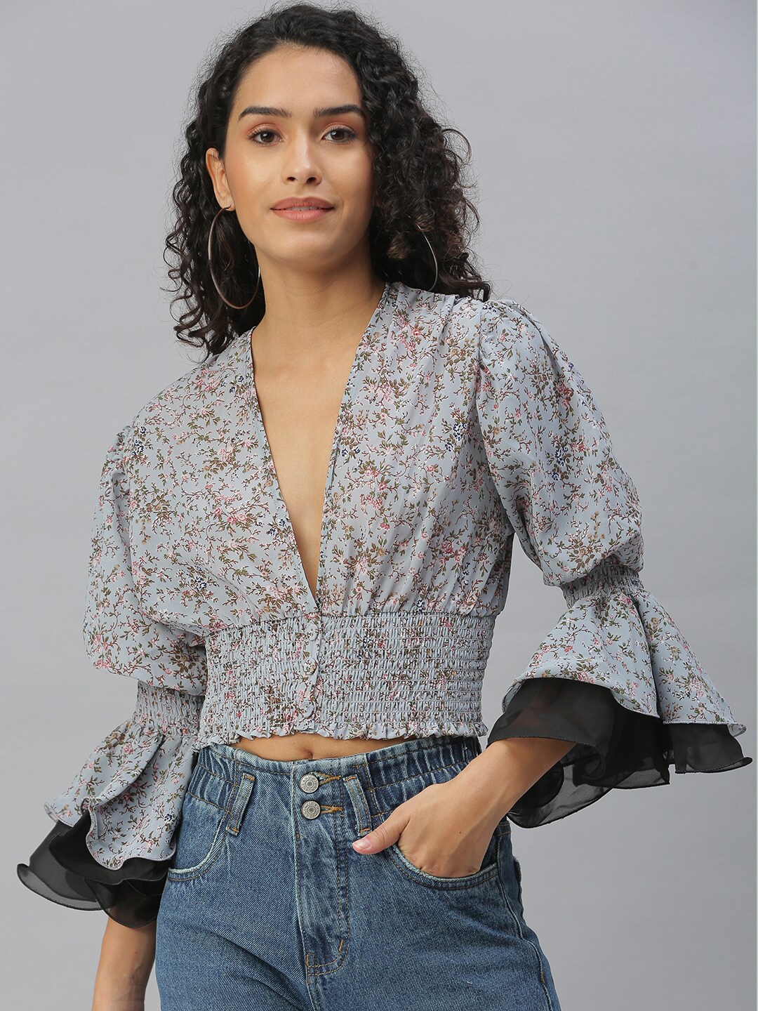 

SHOWOFF Floral Printed Bell Sleeves Cinched Waist Crop Top, Grey
