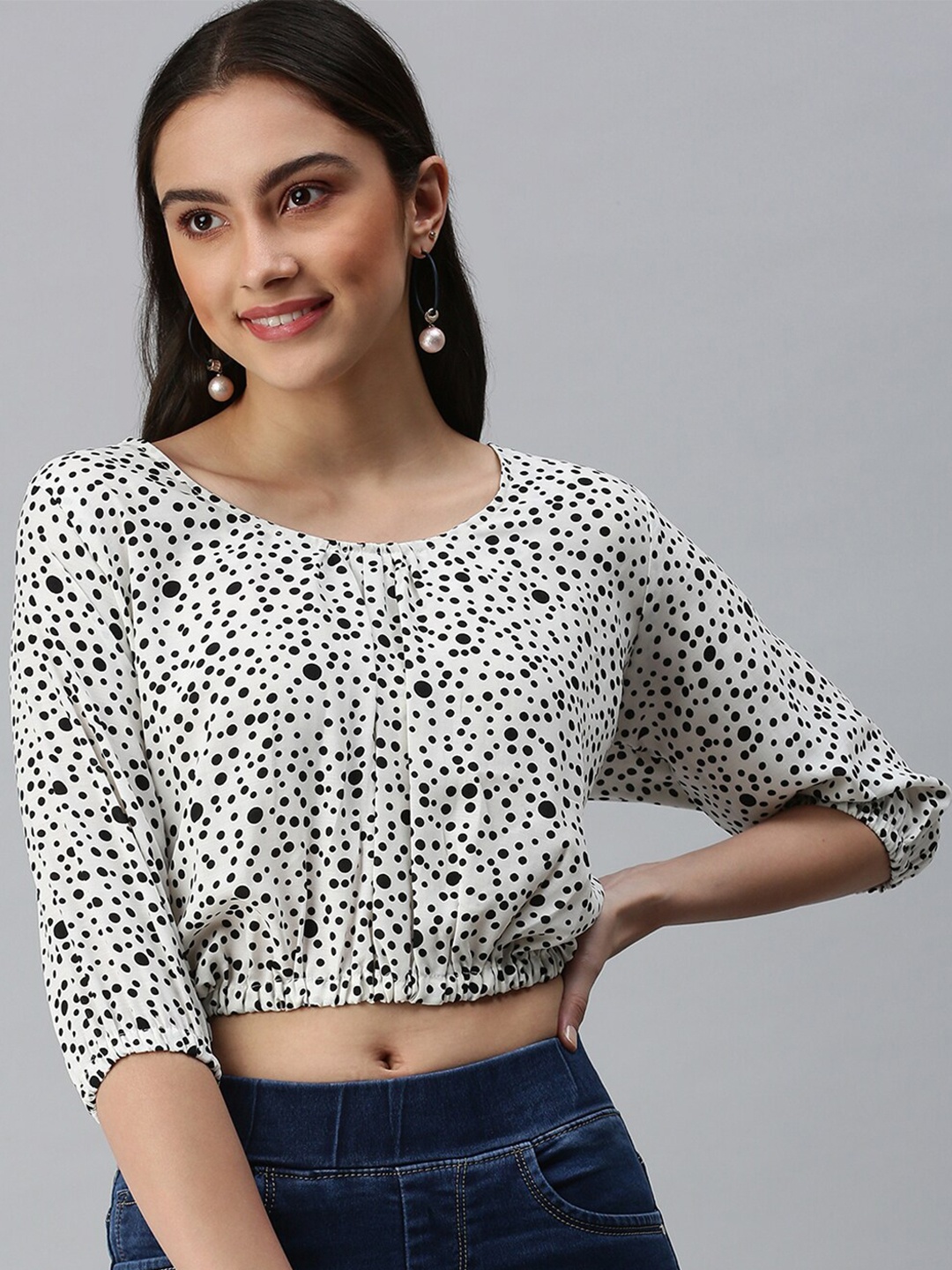 

SHOWOFF Polka Dot Printed Waist Tie-Ups Styled Back Crop Top, White