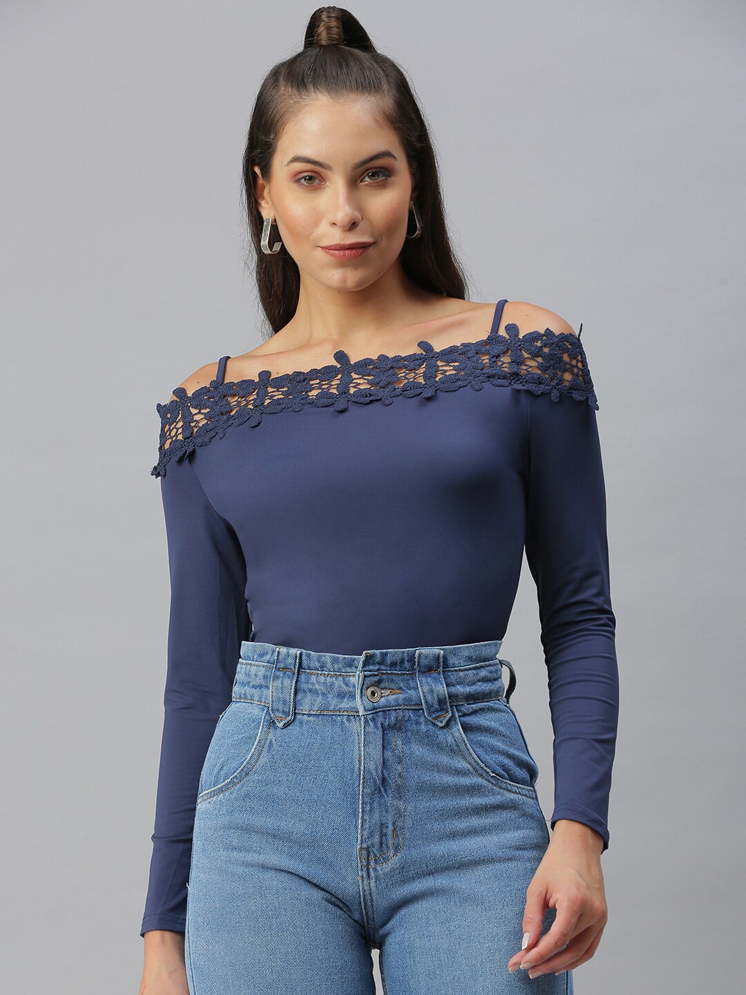 

SHOWOFF Shoulder Straps Lace-Up Fitted Top, Navy blue
