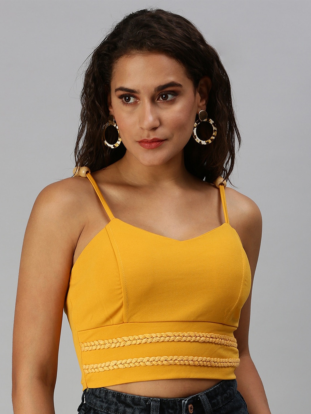 

SHOWOFF Shoulder Straps Lace-Up Fitted Top, Mustard