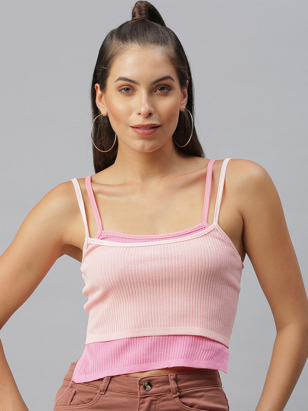 

SHOWOFF Shoulder Straps Layered Fitted Crop Top, Peach