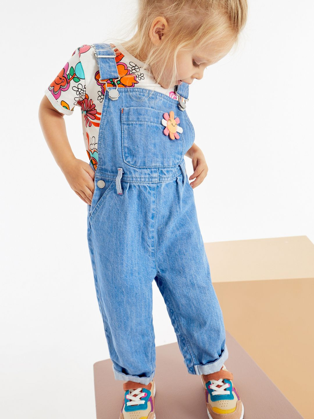 

NEXT Girls Pure Cotton Printed Dungaree with T-shirt, Blue