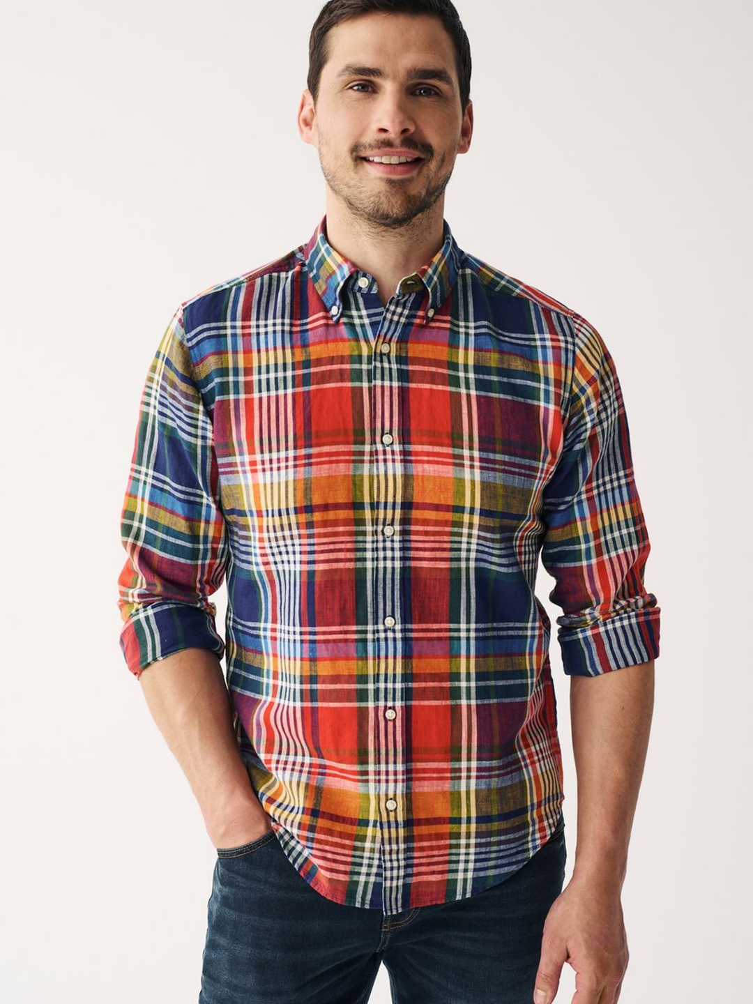 

NEXT Men Checked Linen Cotton Shirt, Red